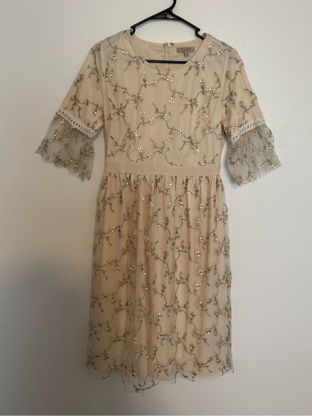 Polagram Beige Embroidered Midi Dress with Green Floral Detail